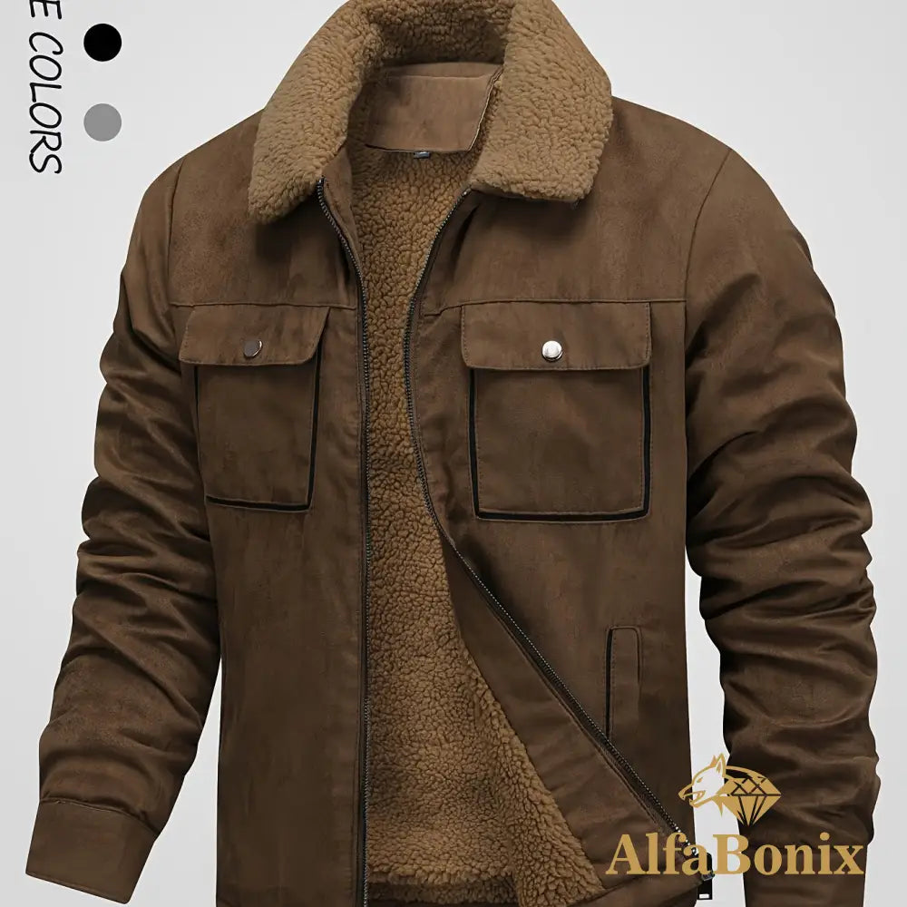 Men’s Winter Fleece-Lined Warm Jacket - Thick Casual Outdoor Coat with Pockets Turn- Collar & Zip-Up Closure Brown