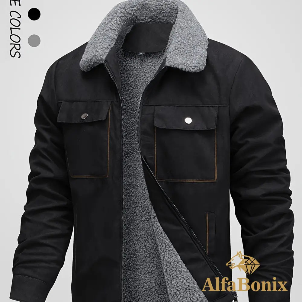 Men’s Winter Fleece-Lined Warm Jacket - Thick Casual Outdoor Coat with Pockets Turn- Collar & Zip-Up Closure Brown