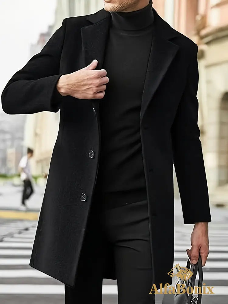 Men’S Classic Single-Breasted Trench Coat Polyester Solid Color Casual Lapel Collar Regular Fit Business Casual