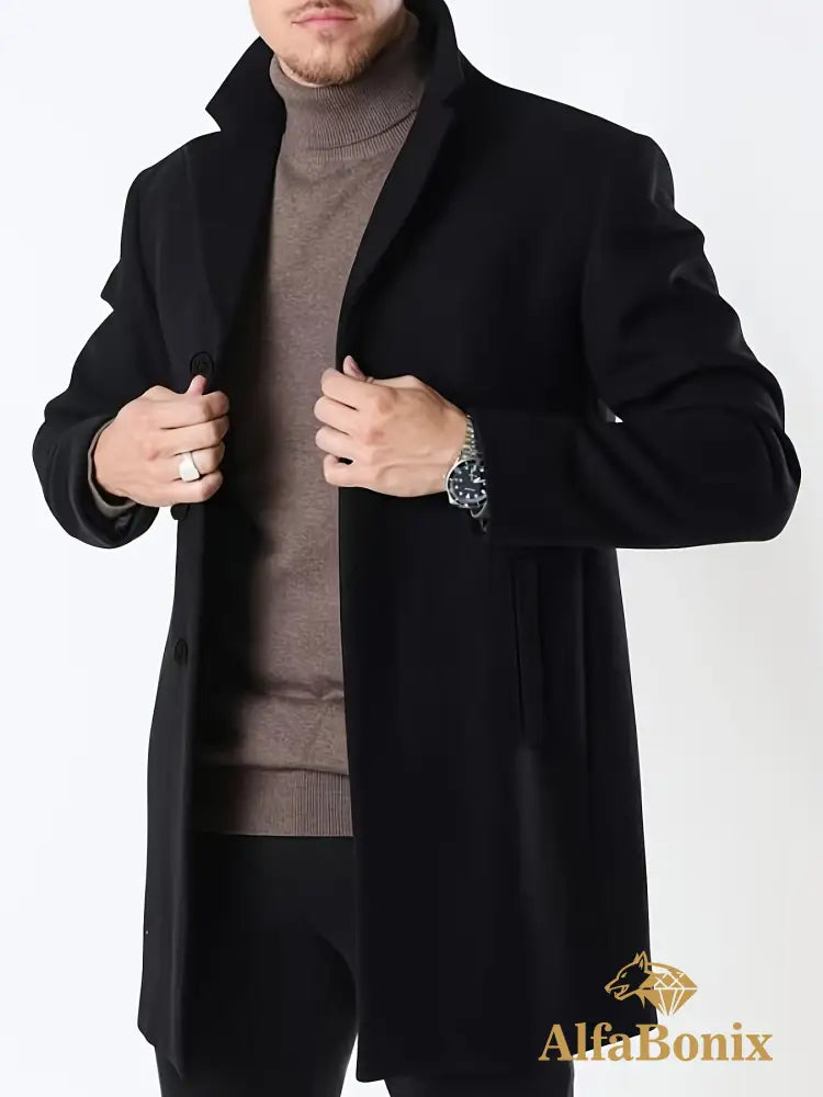 Men’S Classic Single-Breasted Trench Coat Polyester Solid Color Casual Lapel Collar Regular Fit Business Casual
