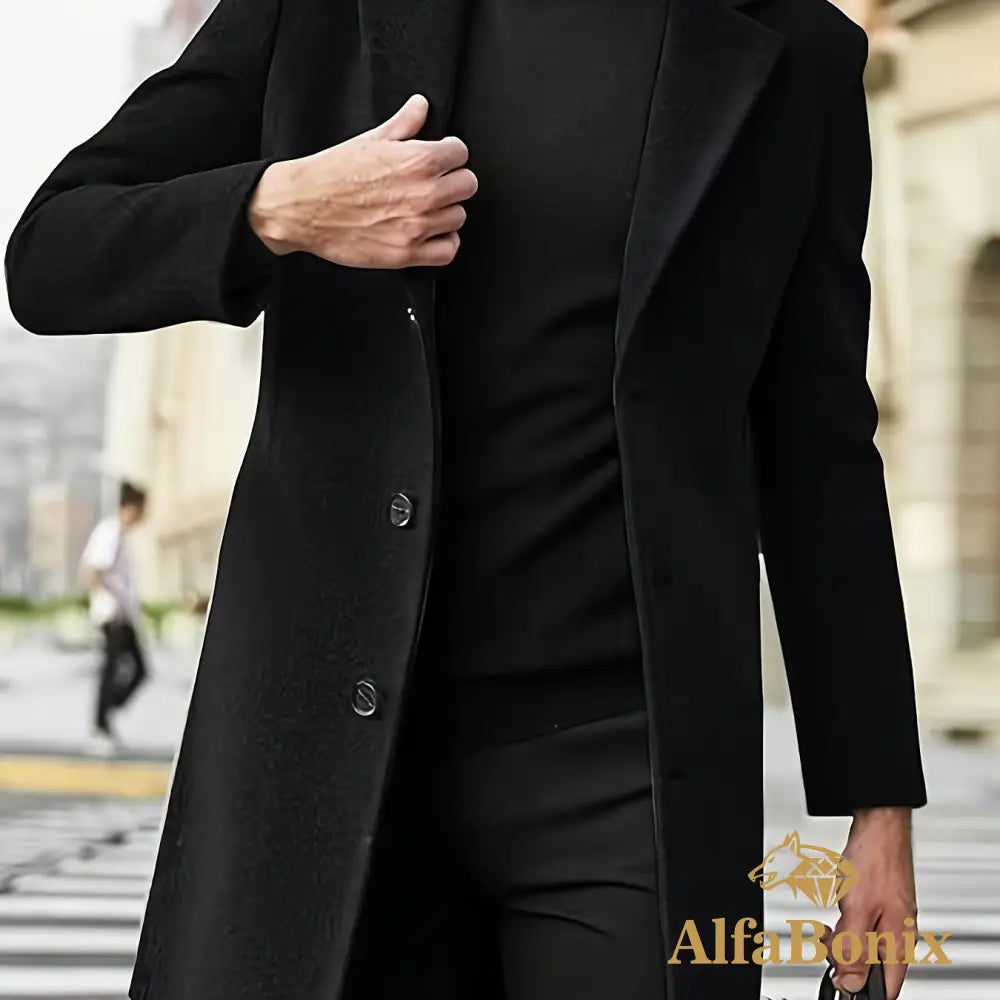 Men’S Classic Single-Breasted Trench Coat Polyester Solid Color Casual Lapel Collar Regular Fit Business Casual