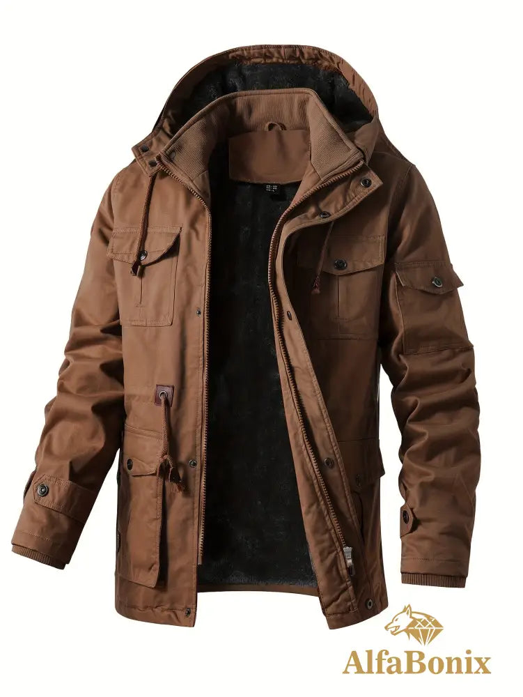 Men’S Fleece-Lined Hooded Windbreaker Jacket - Casual Warm Winter Coat with Multiple Pockets Zip-Up Design and