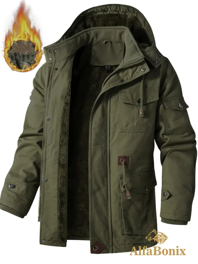 Men’S Fleece-Lined Hooded Windbreaker Jacket - Casual Warm Winter Coat with Multiple Pockets Zip-Up Design and
