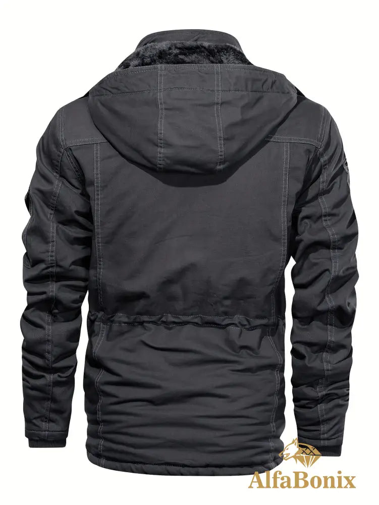 Men’S Fleece-Lined Hooded Windbreaker Jacket - Casual Warm Winter Coat with Multiple Pockets Zip-Up Design and