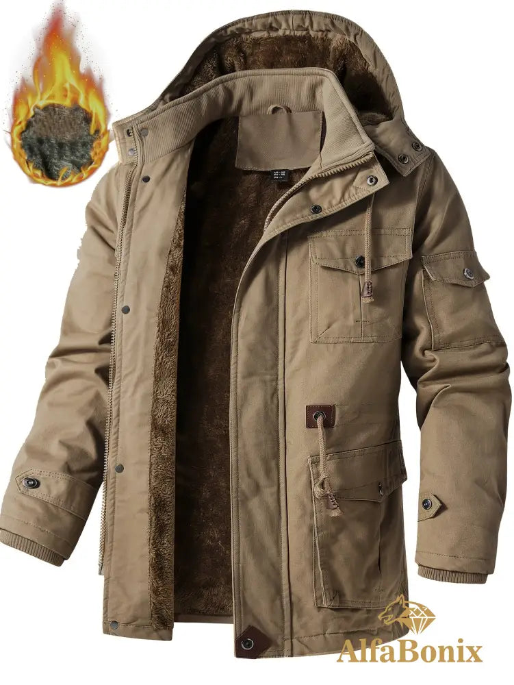 Men’S Fleece-Lined Hooded Windbreaker Jacket - Casual Warm Winter Coat with Multiple Pockets Zip-Up Design and