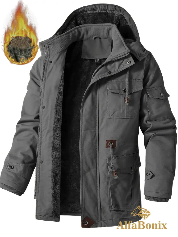 Men’S Fleece-Lined Hooded Windbreaker Jacket - Casual Warm Winter Coat with Multiple Pockets Zip-Up Design and