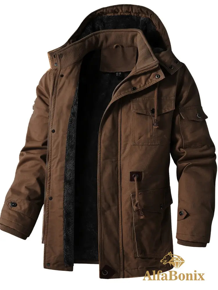 Men’S Fleece-Lined Hooded Windbreaker Jacket - Casual Warm Winter Coat with Multiple Pockets Zip-Up Design and
