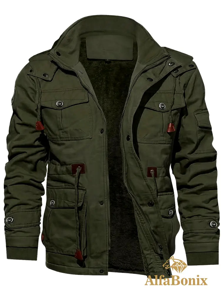 Men’S Fleece-Lined Hooded Windbreaker Jacket - Casual Warm Winter Coat with Multiple Pockets Zip-Up Design and