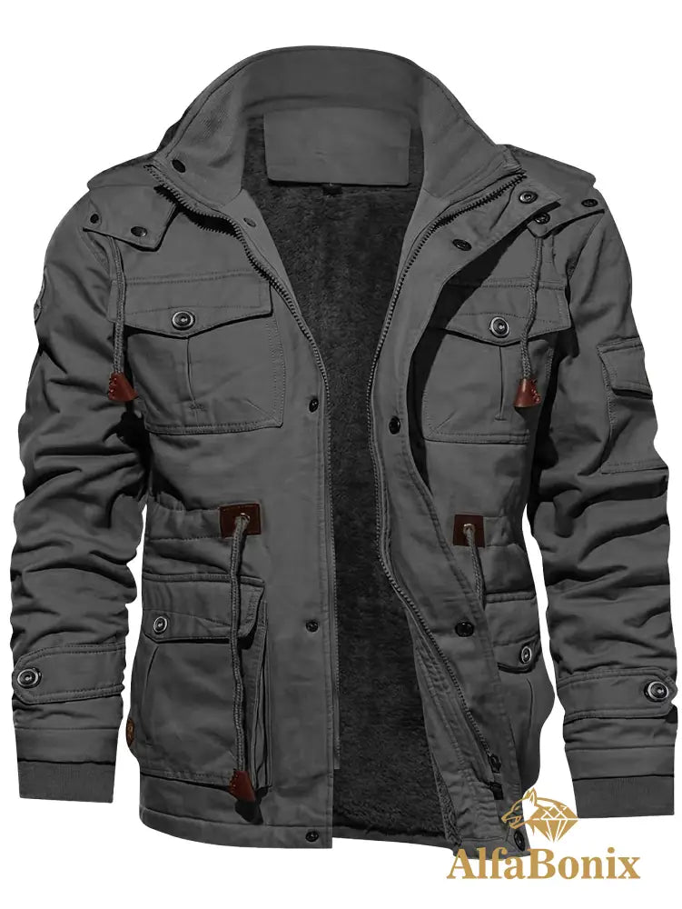 Men’S Fleece-Lined Hooded Windbreaker Jacket - Casual Warm Winter Coat with Multiple Pockets Zip-Up Design and
