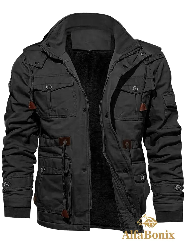 Men’S Fleece-Lined Hooded Windbreaker Jacket - Casual Warm Winter Coat with Multiple Pockets Zip-Up Design and