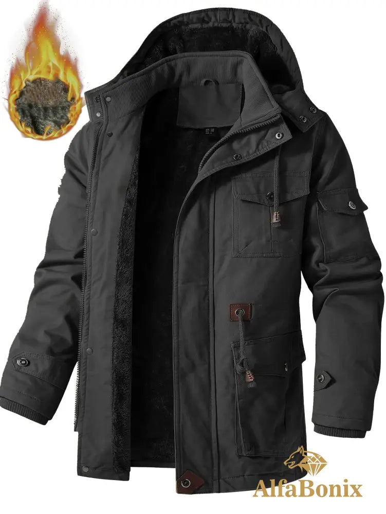 Men’S Fleece-Lined Hooded Windbreaker Jacket - Casual Warm Winter Coat with Multiple Pockets Zip-Up Design and