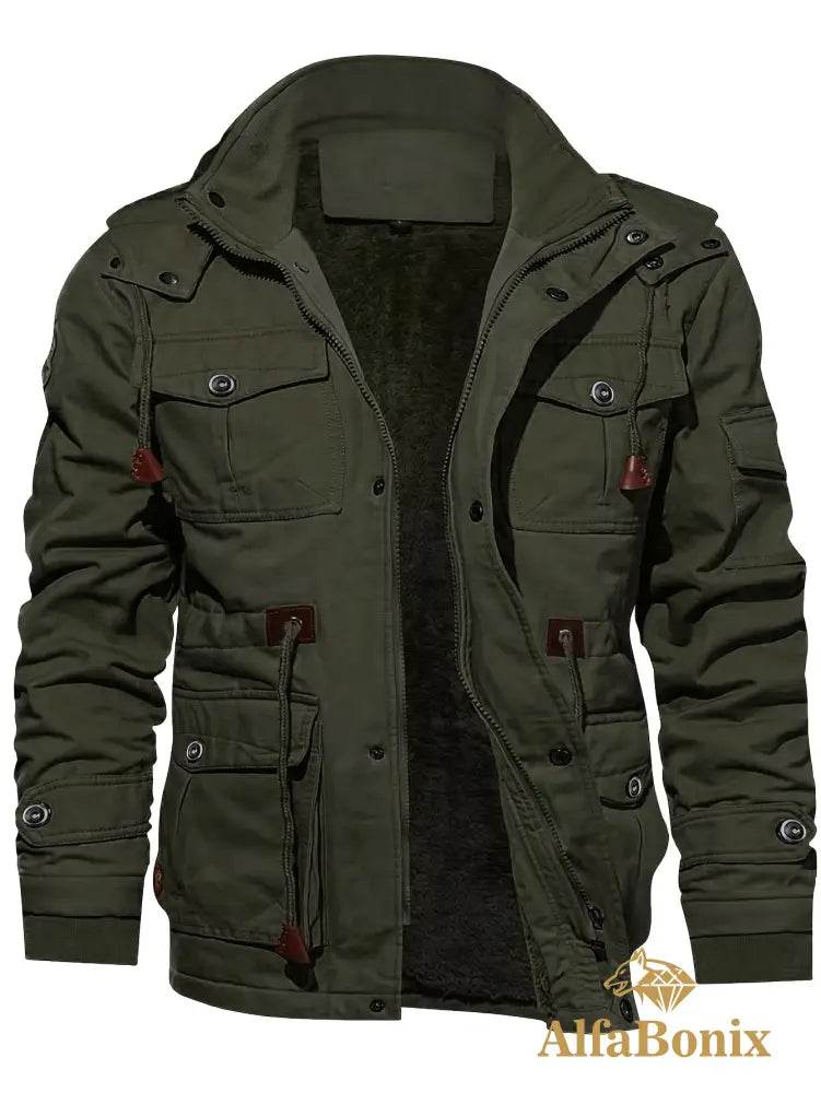 Men’S Fleece-Lined Hooded Windbreaker Jacket - Casual Warm Winter Coat with Multiple Pockets Zip-Up Design and