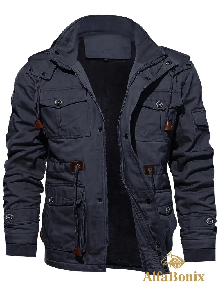 Men’S Fleece-Lined Hooded Windbreaker Jacket - Casual Warm Winter Coat with Multiple Pockets Zip-Up Design and