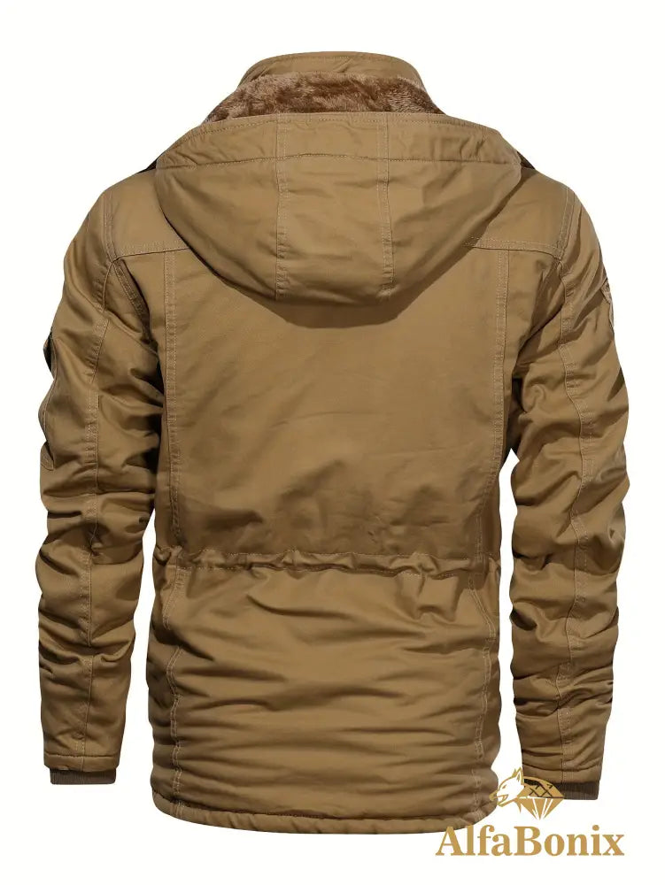 Men’S Fleece-Lined Hooded Windbreaker Jacket - Casual Warm Winter Coat with Multiple Pockets Zip-Up Design and