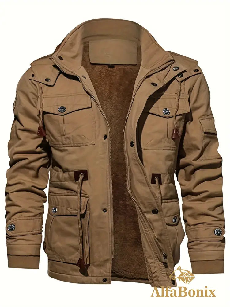 Men’S Fleece-Lined Hooded Windbreaker Jacket - Casual Warm Winter Coat with Multiple Pockets Zip-Up Design and