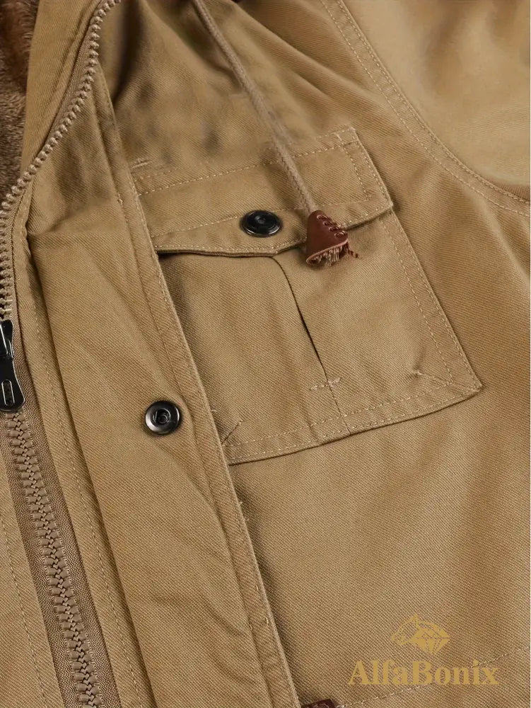 Men’S Fleece-Lined Hooded Windbreaker Jacket - Casual Warm Winter Coat with Multiple Pockets Zip-Up Design and