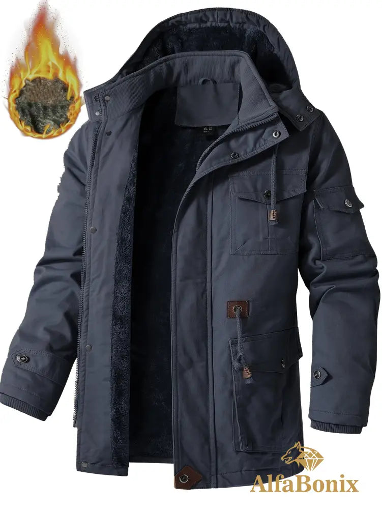 Men’S Fleece-Lined Hooded Windbreaker Jacket - Casual Warm Winter Coat with Multiple Pockets Zip-Up Design and