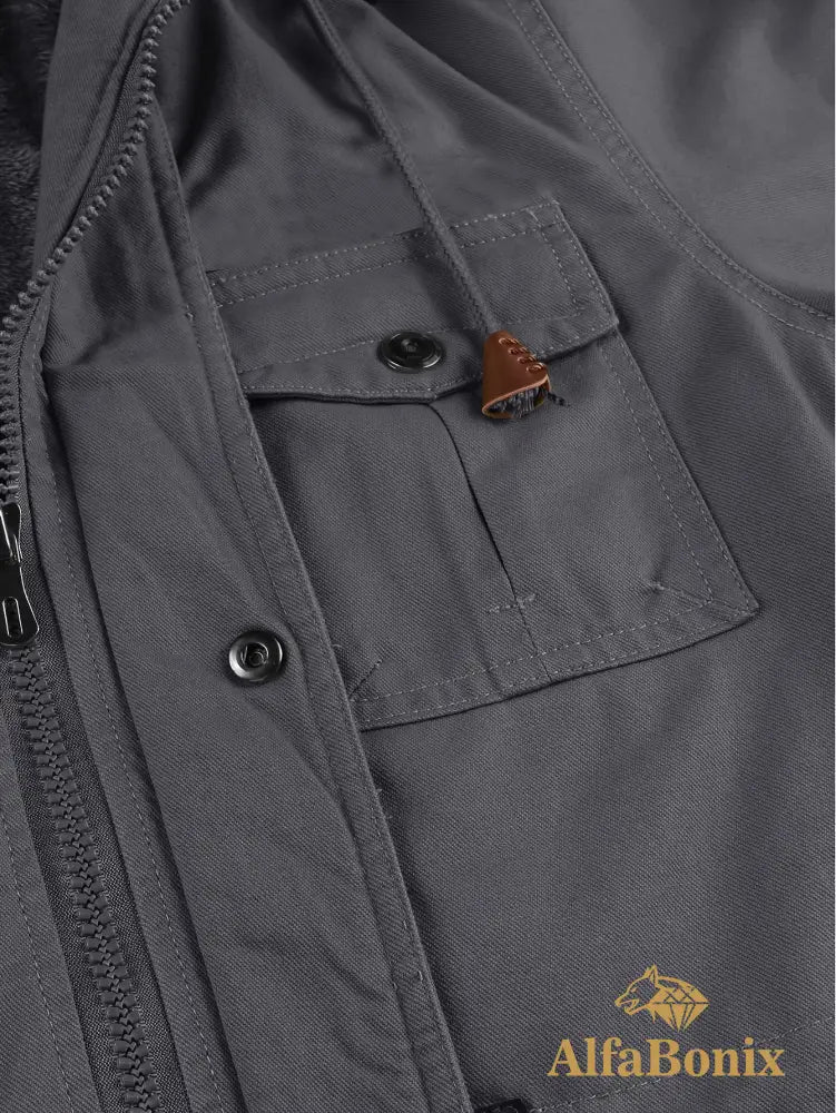 Men’S Fleece-Lined Hooded Windbreaker Jacket - Casual Warm Winter Coat with Multiple Pockets Zip-Up Design and