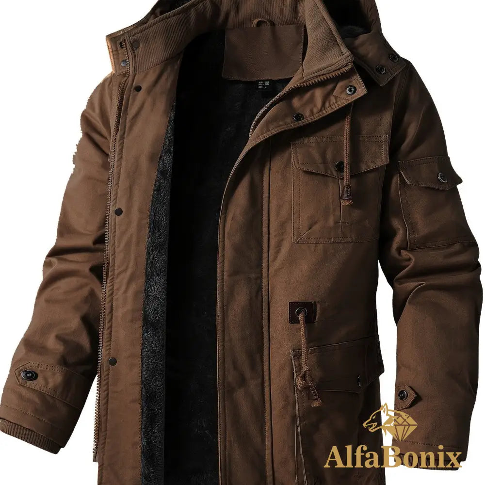 Men’S Fleece-Lined Hooded Windbreaker Jacket - Casual Warm Winter Coat with Multiple Pockets Zip-Up Design and