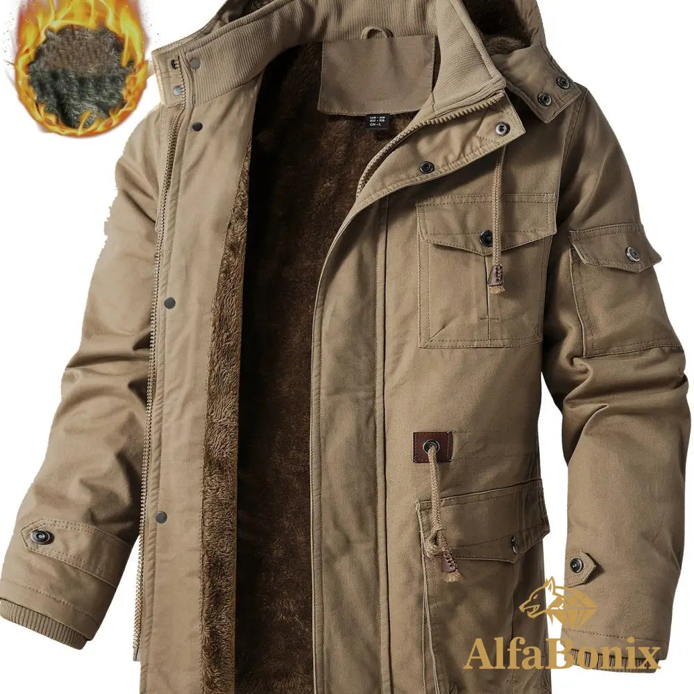Men’S Fleece-Lined Hooded Windbreaker Jacket - Casual Warm Winter Coat with Multiple Pockets Zip-Up Design and