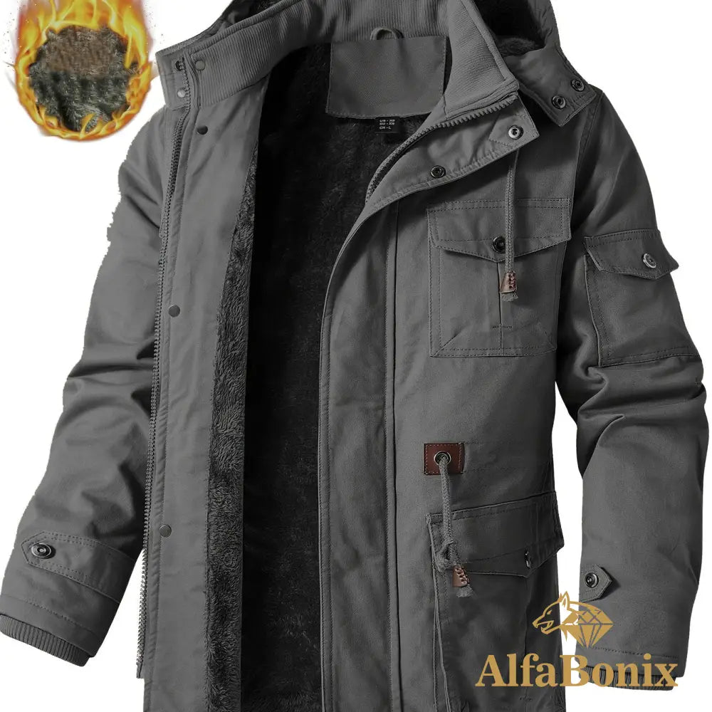 Men’S Fleece-Lined Hooded Windbreaker Jacket - Casual Warm Winter Coat with Multiple Pockets Zip-Up Design and