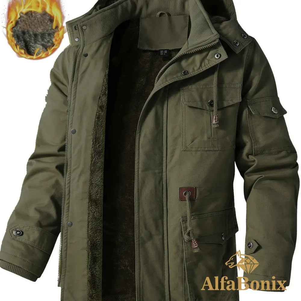 Men’S Fleece-Lined Hooded Windbreaker Jacket - Casual Warm Winter Coat with Multiple Pockets Zip-Up Design and