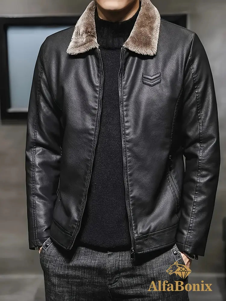 Men’S Winter Casual Jacket with Faux Fur Collar Long Sleeve Zippered Coat with Pockets Polyester Lined Regular Fit