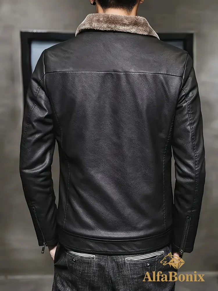 Men’S Winter Casual Jacket with Faux Fur Collar Long Sleeve Zippered Coat with Pockets Polyester Lined Regular Fit