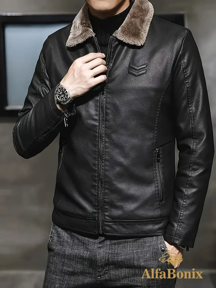 Men’S Winter Casual Jacket with Faux Fur Collar Long Sleeve Zippered Coat with Pockets Polyester Lined Regular Fit