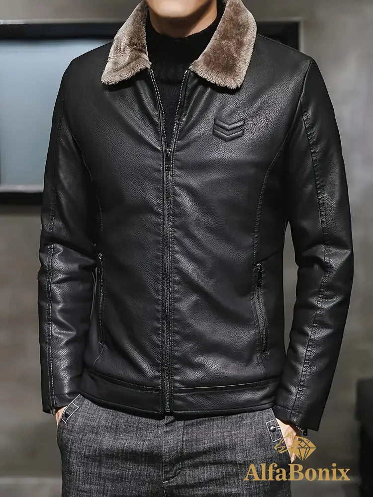 Men’S Winter Casual Jacket with Faux Fur Collar Long Sleeve Zippered Coat with Pockets Polyester Lined Regular Fit