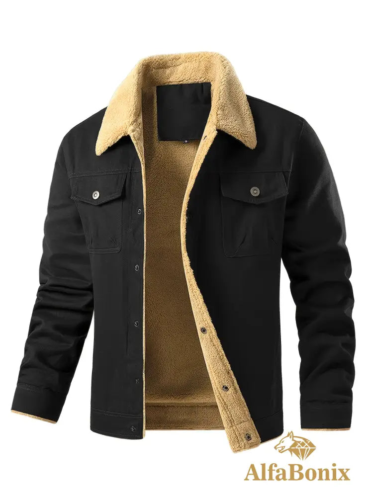 Men’S Cozy Fleece-Lined Green Jacket - Street Style Long Sleeve Button-Up with Chest Pockets Ideal for Casual Outdoor
