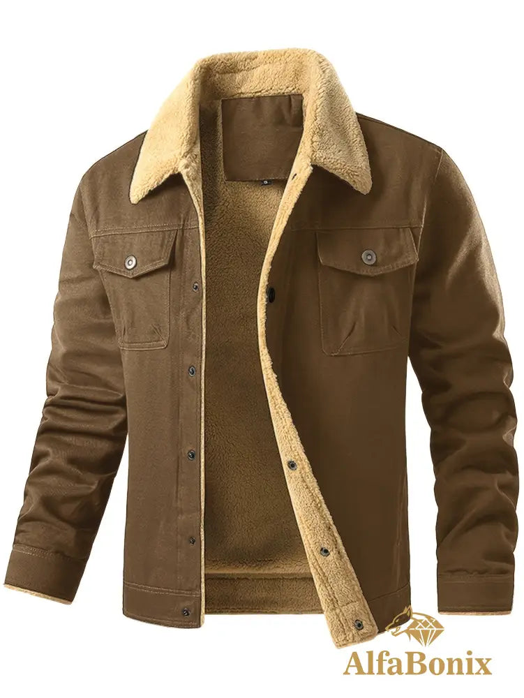 Men’S Cozy Fleece-Lined Green Jacket - Street Style Long Sleeve Button-Up with Chest Pockets Ideal for Casual Outdoor