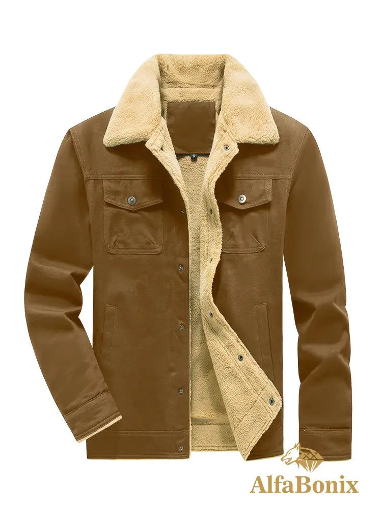 Men’S Cozy Fleece-Lined Green Jacket - Street Style Long Sleeve Button-Up with Chest Pockets Ideal for Casual Outdoor