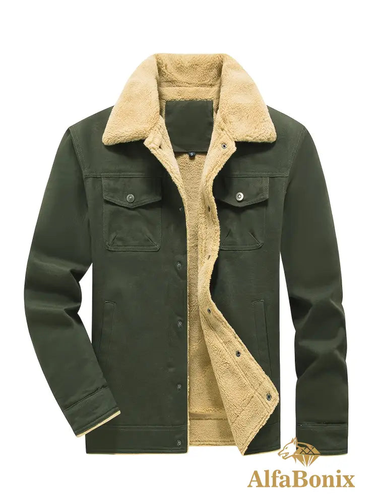 Men’S Cozy Fleece-Lined Green Jacket - Street Style Long Sleeve Button-Up with Chest Pockets Ideal for Casual Outdoor