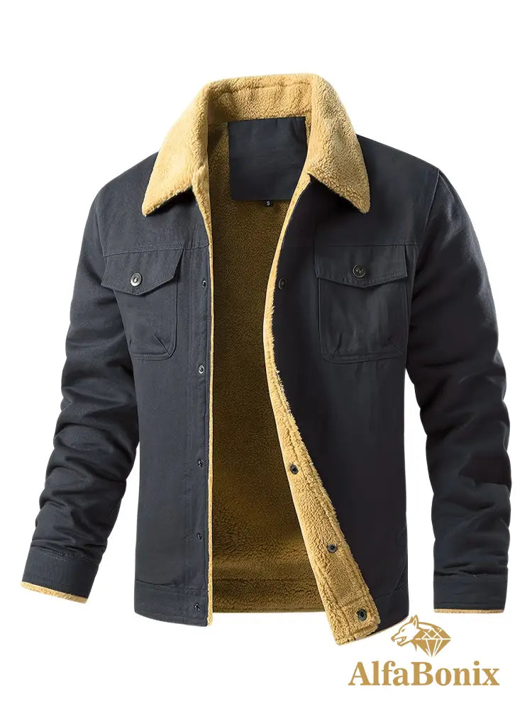 Men’S Cozy Fleece-Lined Green Jacket - Street Style Long Sleeve Button-Up with Chest Pockets Ideal for Casual Outdoor