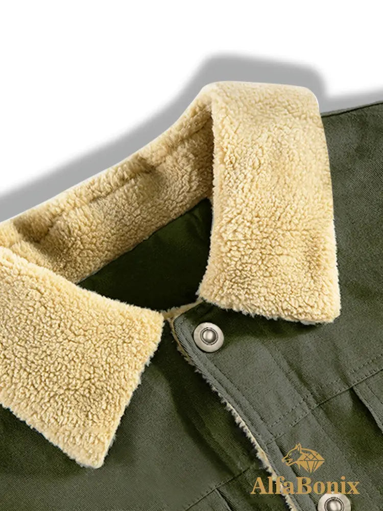 Men’S Cozy Fleece-Lined Green Jacket - Street Style Long Sleeve Button-Up with Chest Pockets Ideal for Casual Outdoor