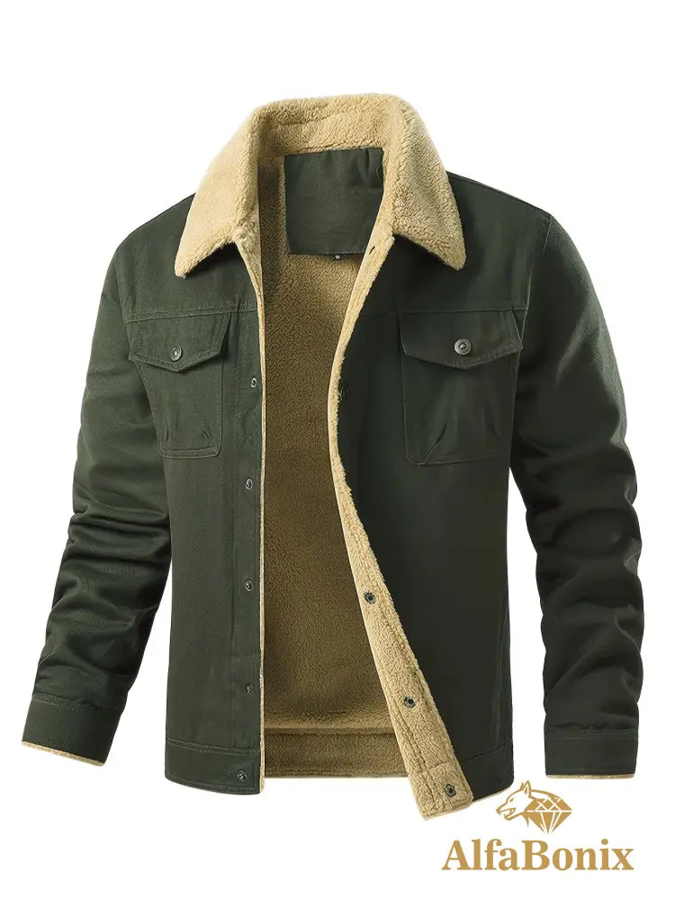 Men’S Cozy Fleece-Lined Green Jacket - Street Style Long Sleeve Button-Up with Chest Pockets Ideal for Casual Outdoor
