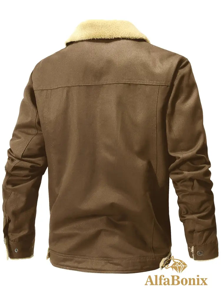 Men’S Cozy Fleece-Lined Green Jacket - Street Style Long Sleeve Button-Up with Chest Pockets Ideal for Casual Outdoor