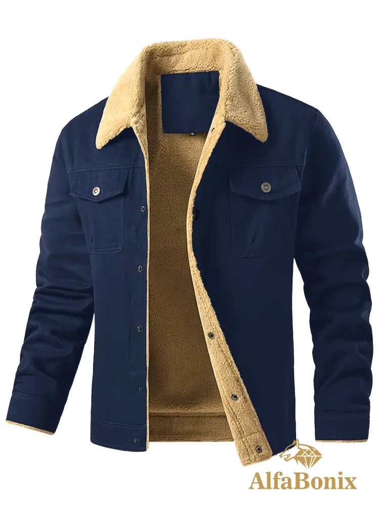 Men’S Cozy Fleece-Lined Green Jacket - Street Style Long Sleeve Button-Up with Chest Pockets Ideal for Casual Outdoor