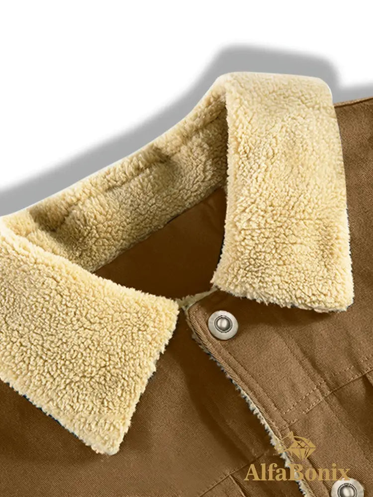 Men’S Cozy Fleece-Lined Green Jacket - Street Style Long Sleeve Button-Up with Chest Pockets Ideal for Casual Outdoor