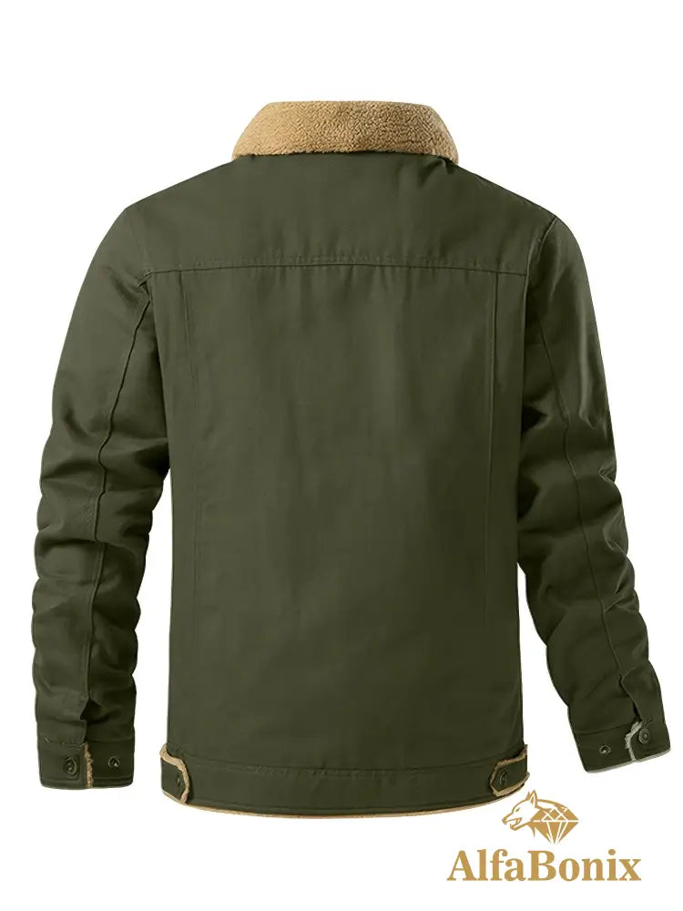 Men’S Cozy Fleece-Lined Green Jacket - Street Style Long Sleeve Button-Up with Chest Pockets Ideal for Casual Outdoor