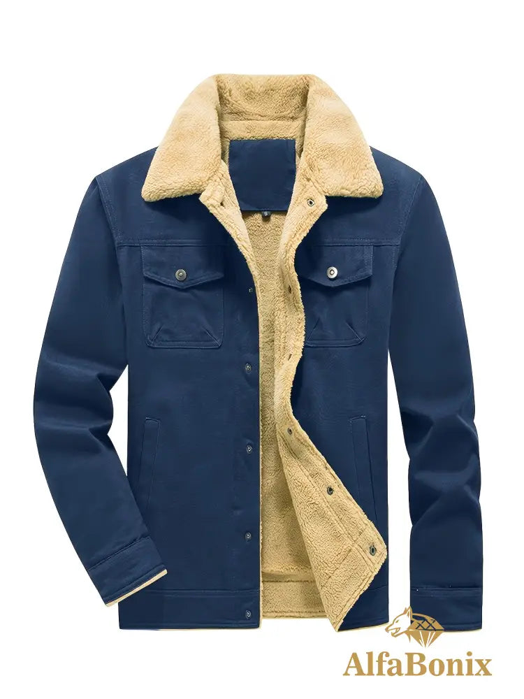 Men’S Cozy Fleece-Lined Green Jacket - Street Style Long Sleeve Button-Up with Chest Pockets Ideal for Casual Outdoor