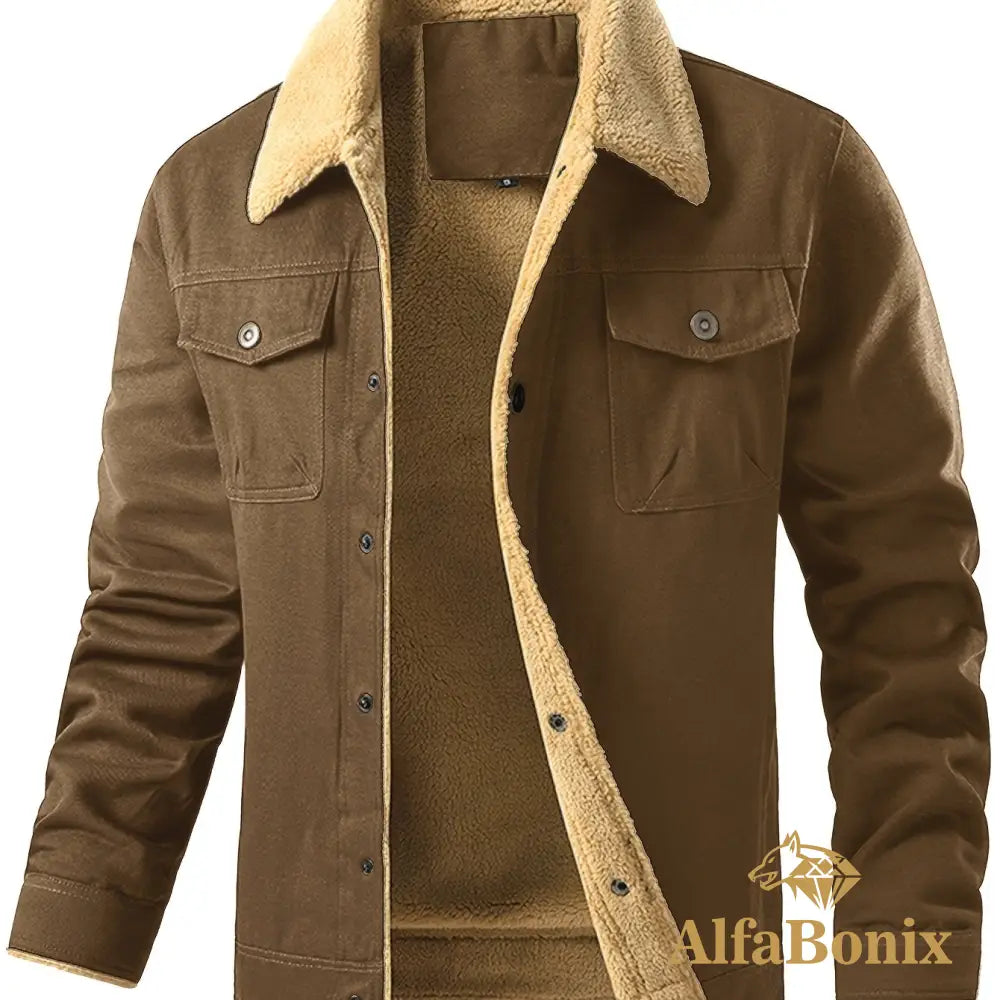 Men’S Cozy Fleece-Lined Green Jacket - Street Style Long Sleeve Button-Up with Chest Pockets Ideal for Casual Outdoor