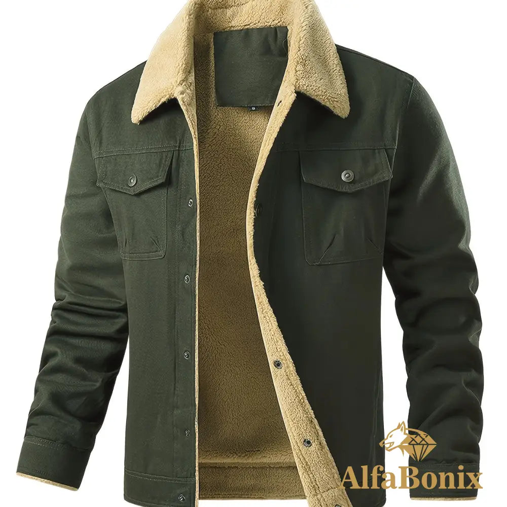 Men’S Cozy Fleece-Lined Green Jacket - Street Style Long Sleeve Button-Up with Chest Pockets Ideal for Casual Outdoor