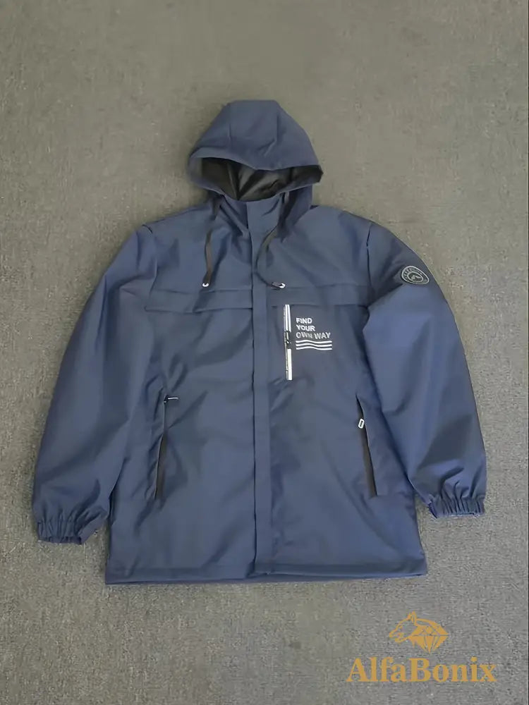 Lightweight Men’s Outdoor Casual Jacket - Navy Blue Hooded jacket with Zipper Pockets Polyester Machine Washable for