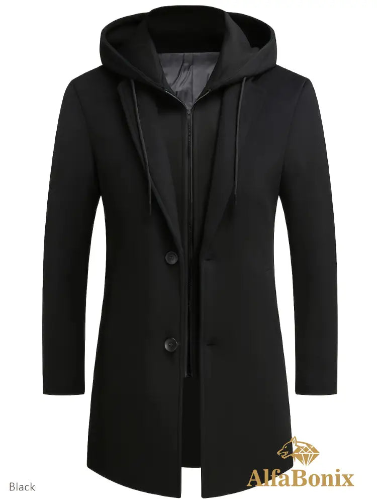 Men’S Plus Size Black Hooded Trench Coat - Stylish Winter Outerwear with Zipper And Buttons Casual Streetwear for Fall