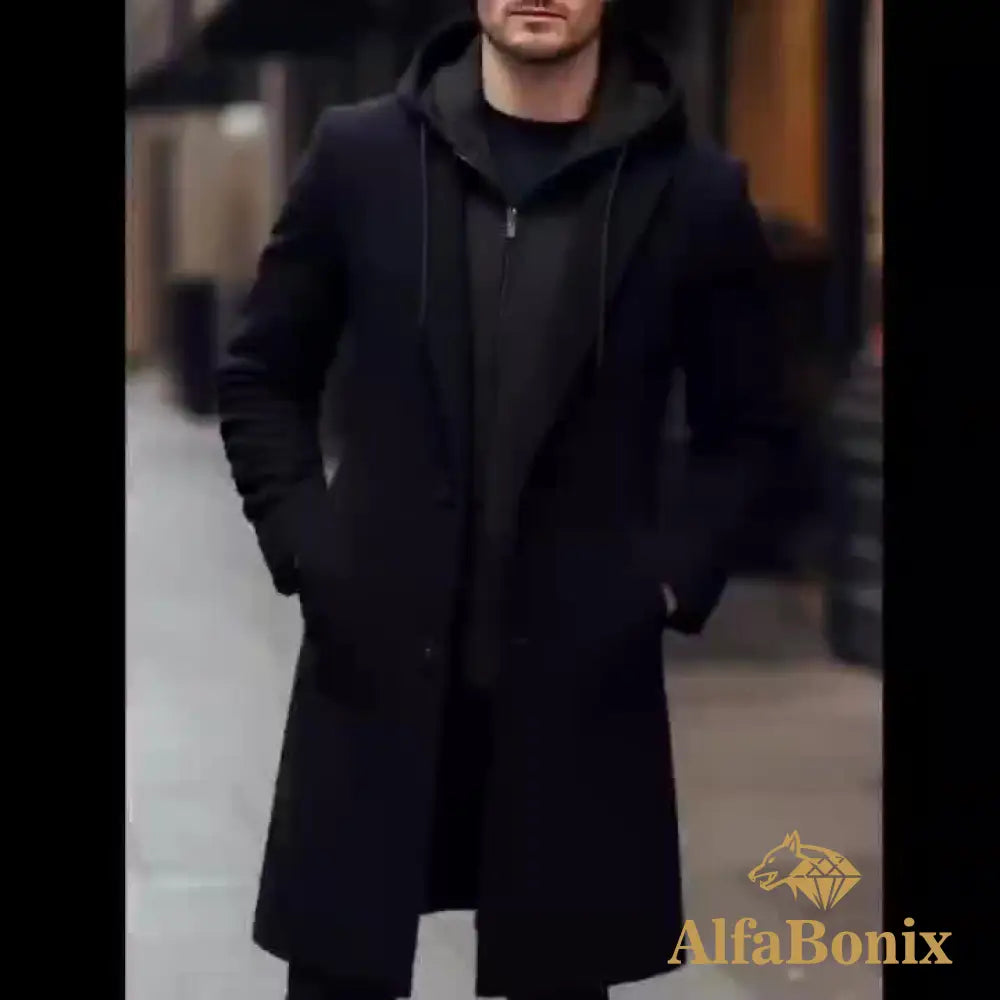 Men’S Plus Size Black Hooded Trench Coat - Stylish Winter Outerwear with Zipper And Buttons Casual Streetwear for Fall