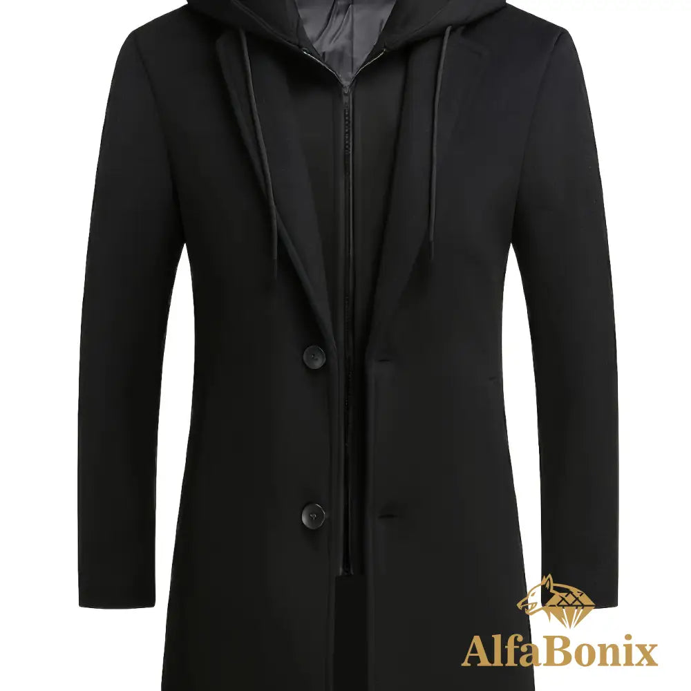 Men’S Plus Size Black Hooded Trench Coat - Stylish Winter Outerwear with Zipper And Buttons Casual Streetwear for Fall