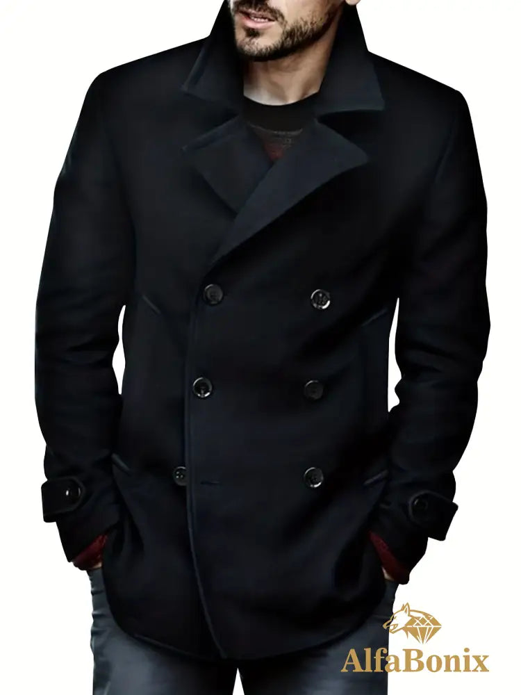 Plus Size Men’s Fashion Fleece Coat For Autumn/winter Double-breasted Lapel Coat Mid-length Windbreaker For Big & Tall