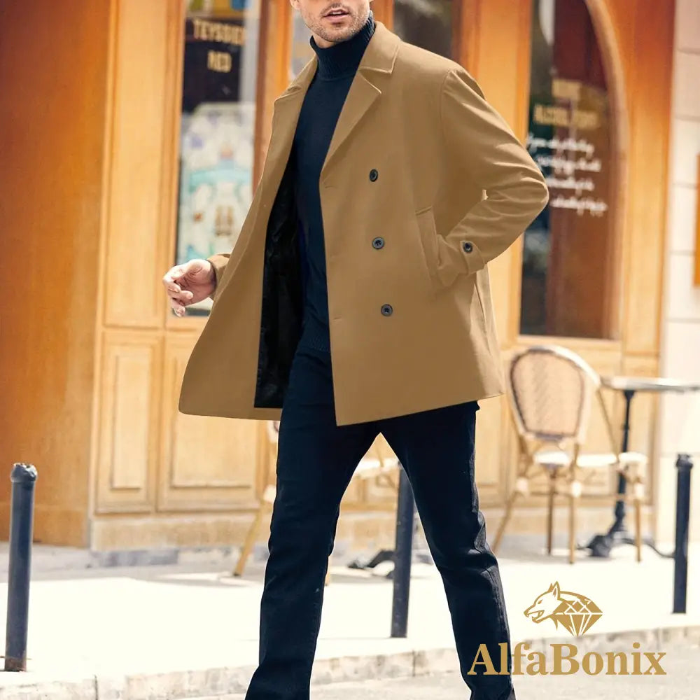 Plus Size Men’s Fashion Fleece Coat For Autumn/winter Double-breasted Lapel Coat Mid-length Windbreaker For Big & Tall